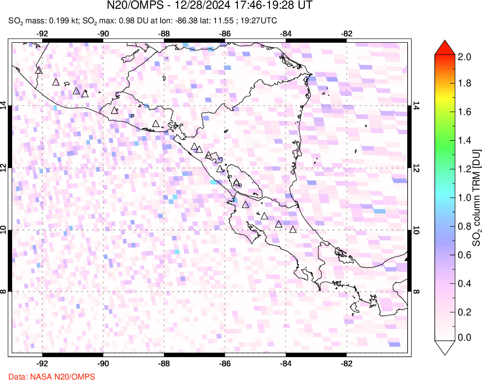 A sulfur dioxide image over Central America on Dec 28, 2024.