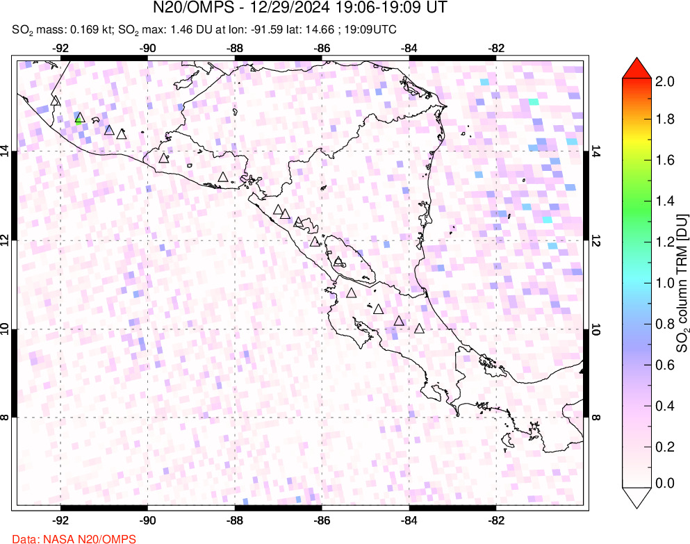 A sulfur dioxide image over Central America on Dec 29, 2024.