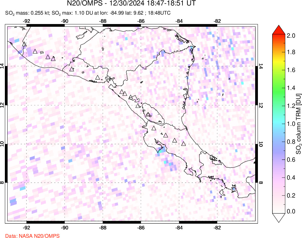 A sulfur dioxide image over Central America on Dec 30, 2024.