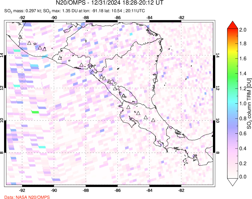 A sulfur dioxide image over Central America on Dec 31, 2024.