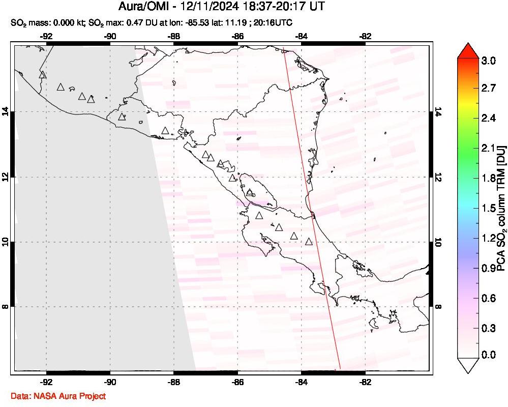 A sulfur dioxide image over Central America on Dec 11, 2024.