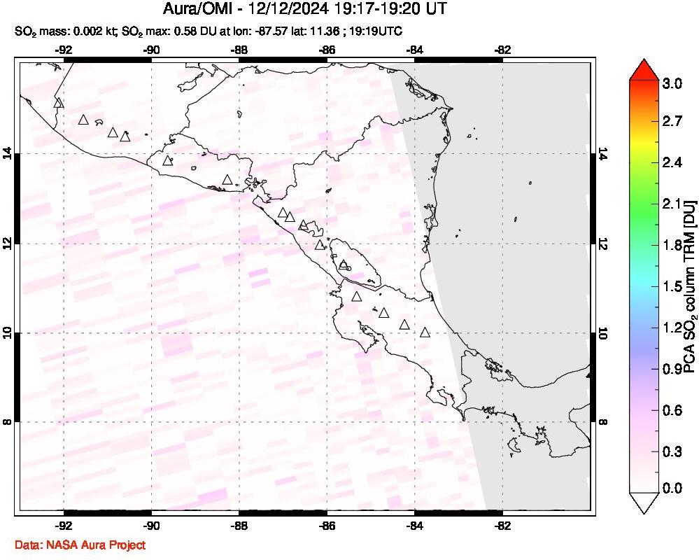 A sulfur dioxide image over Central America on Dec 12, 2024.