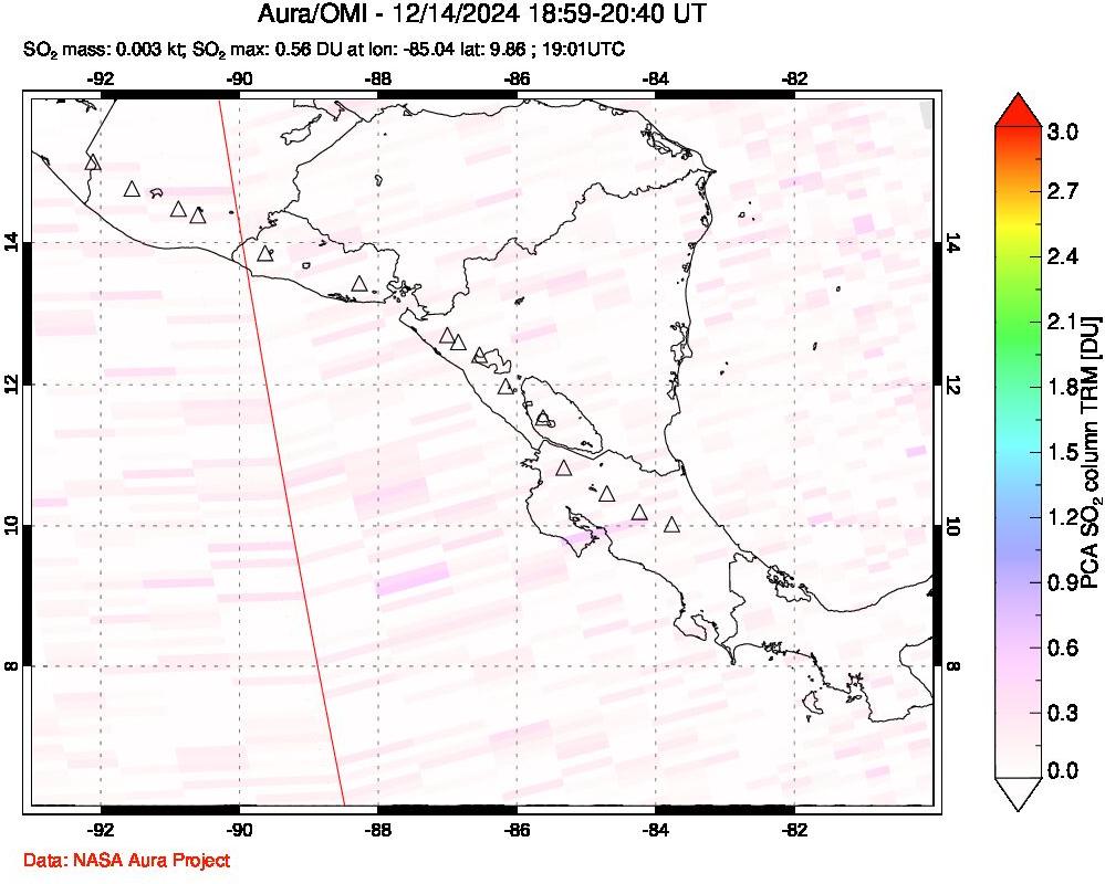 A sulfur dioxide image over Central America on Dec 14, 2024.