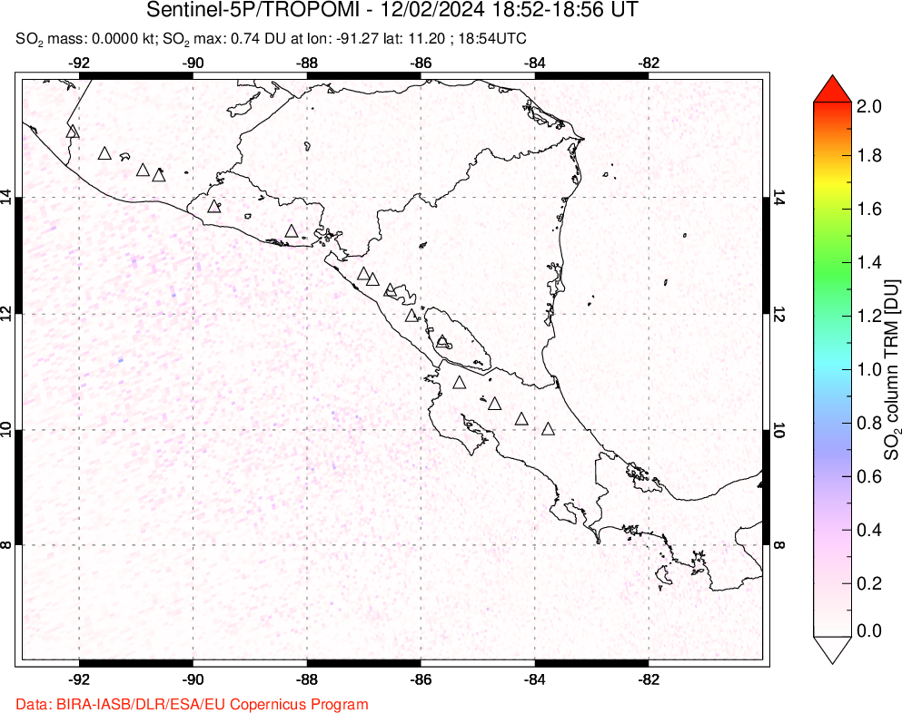 A sulfur dioxide image over Central America on Dec 02, 2024.