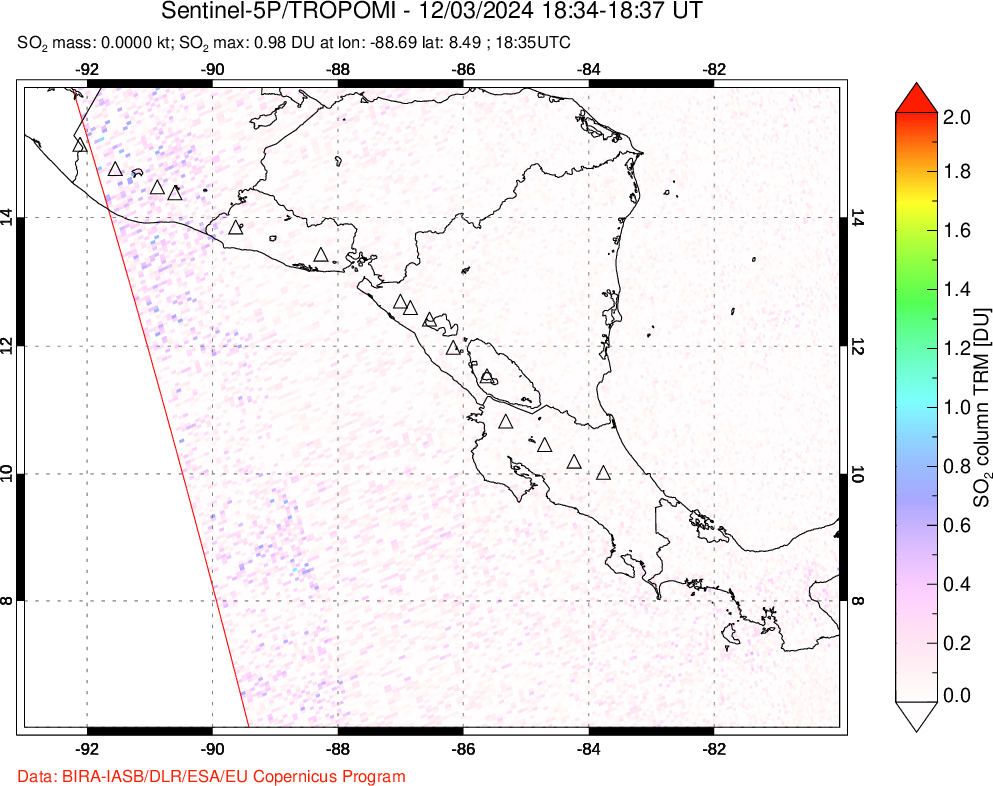 A sulfur dioxide image over Central America on Dec 03, 2024.