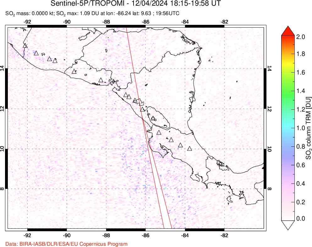 A sulfur dioxide image over Central America on Dec 04, 2024.