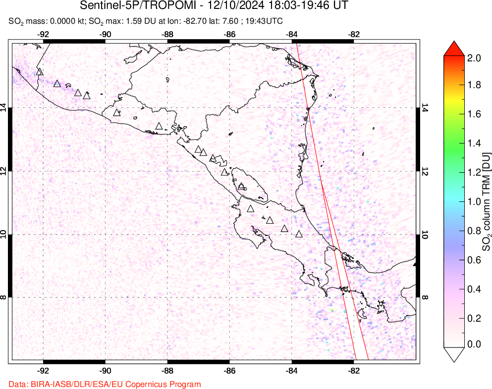 A sulfur dioxide image over Central America on Dec 10, 2024.