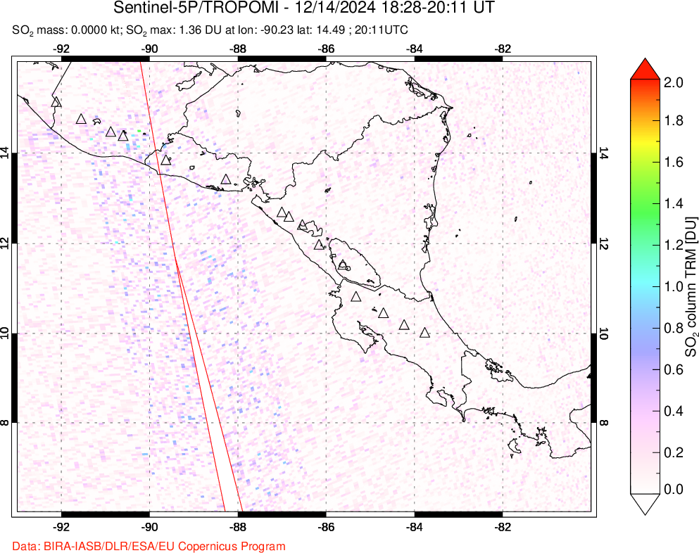 A sulfur dioxide image over Central America on Dec 14, 2024.