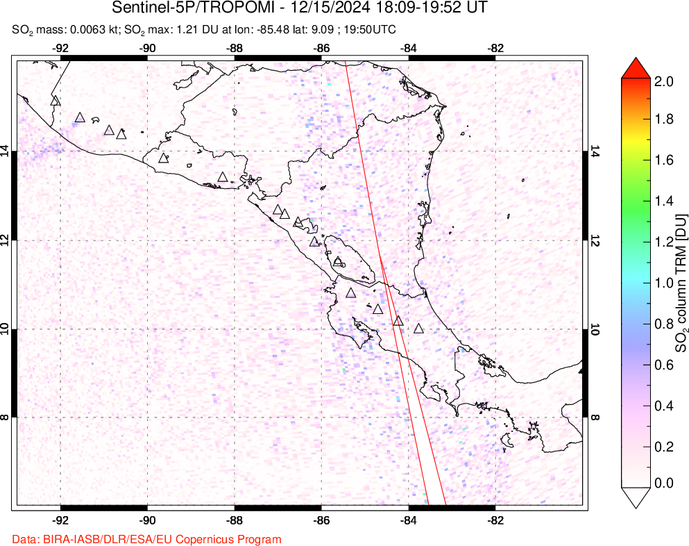 A sulfur dioxide image over Central America on Dec 15, 2024.