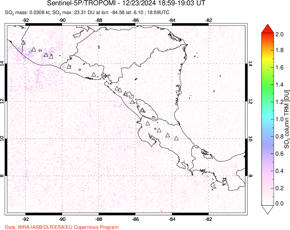 A sulfur dioxide image over Central America on Dec 23, 2024.