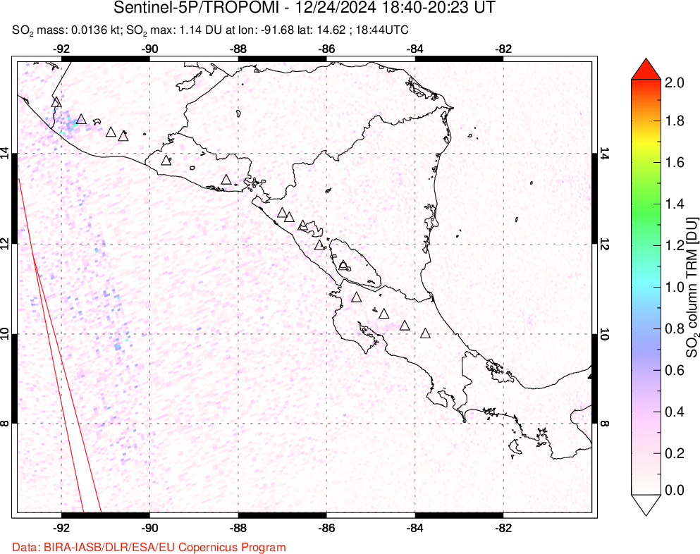 A sulfur dioxide image over Central America on Dec 24, 2024.