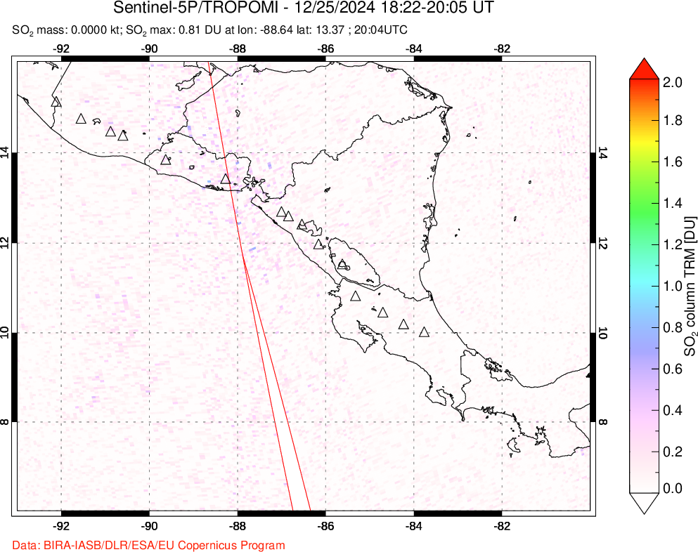 A sulfur dioxide image over Central America on Dec 25, 2024.