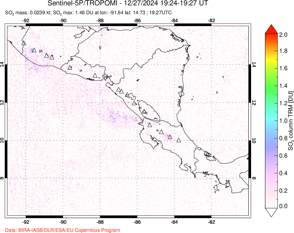 A sulfur dioxide image over Central America on Dec 27, 2024.