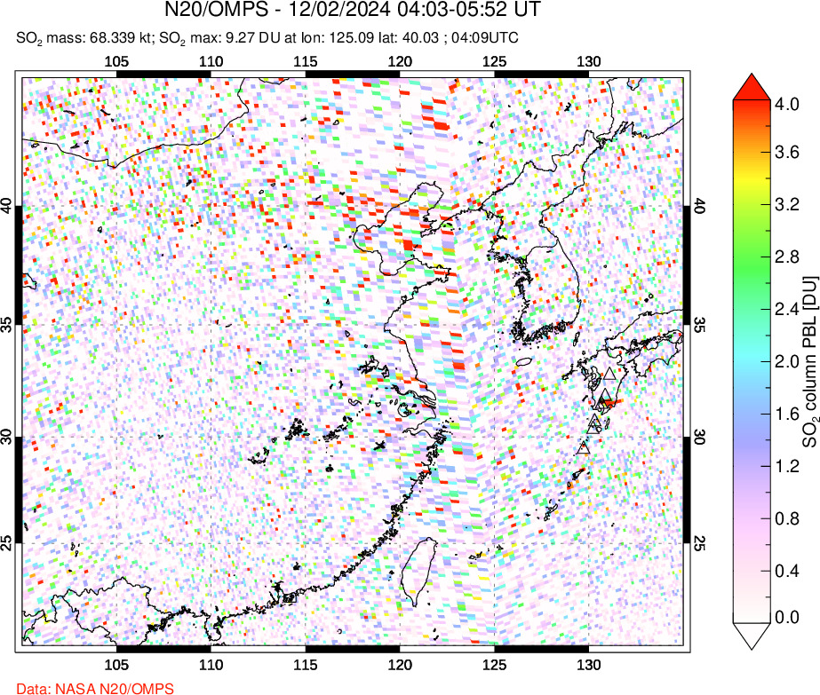 A sulfur dioxide image over Eastern China on Dec 02, 2024.