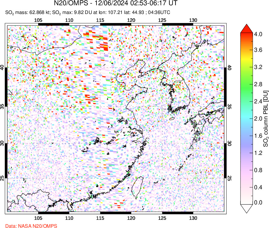 A sulfur dioxide image over Eastern China on Dec 06, 2024.