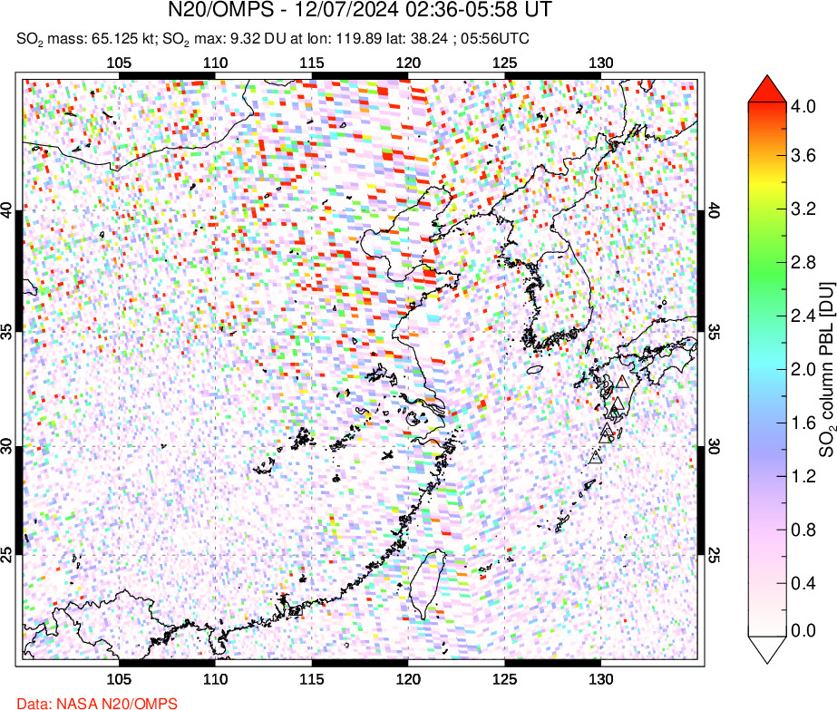 A sulfur dioxide image over Eastern China on Dec 07, 2024.