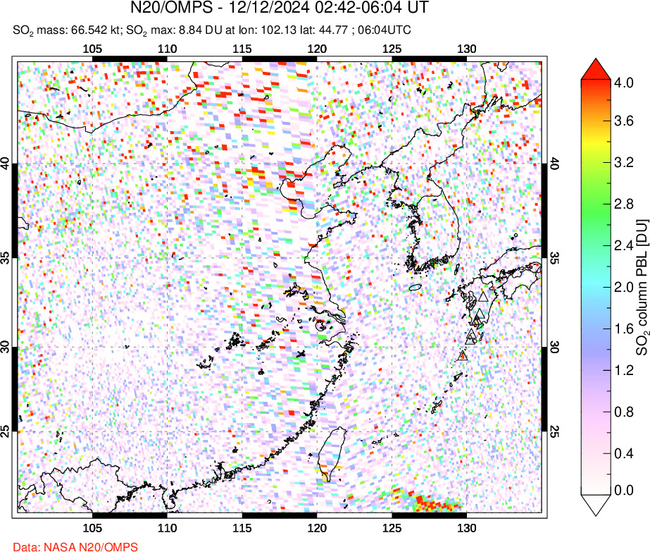 A sulfur dioxide image over Eastern China on Dec 12, 2024.