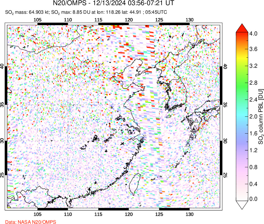 A sulfur dioxide image over Eastern China on Dec 13, 2024.