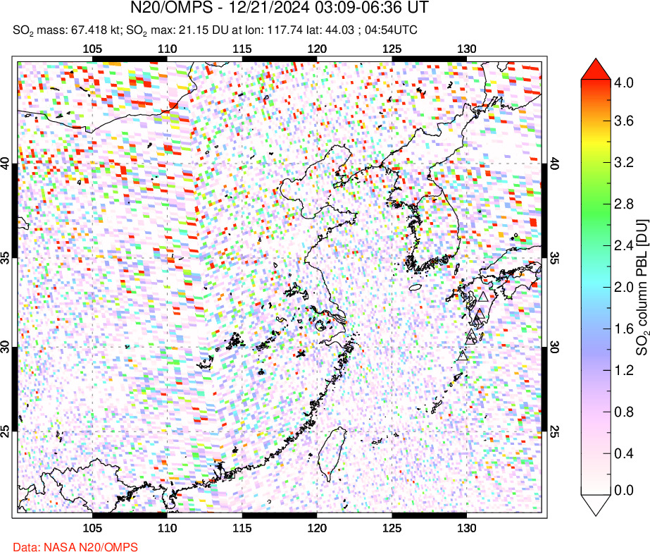 A sulfur dioxide image over Eastern China on Dec 21, 2024.