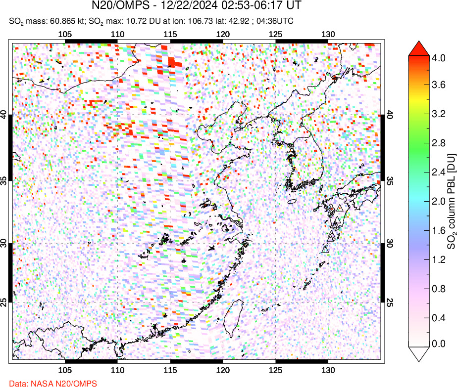 A sulfur dioxide image over Eastern China on Dec 22, 2024.