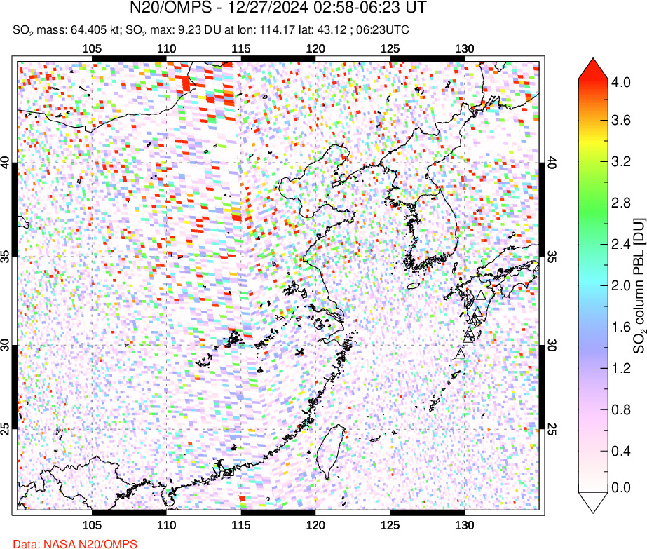 A sulfur dioxide image over Eastern China on Dec 27, 2024.