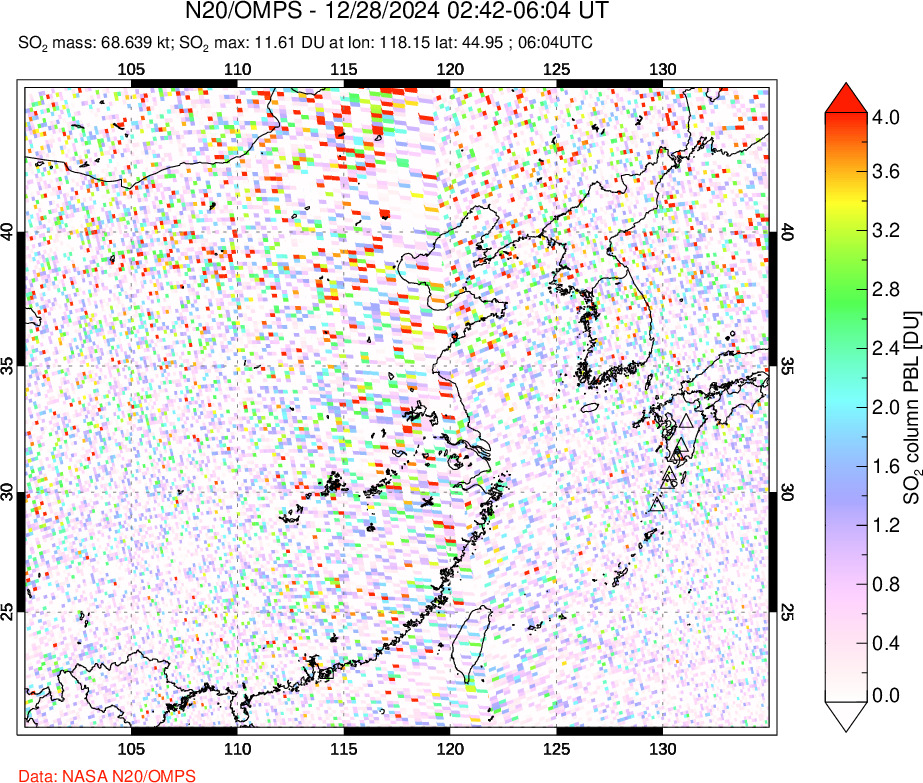 A sulfur dioxide image over Eastern China on Dec 28, 2024.