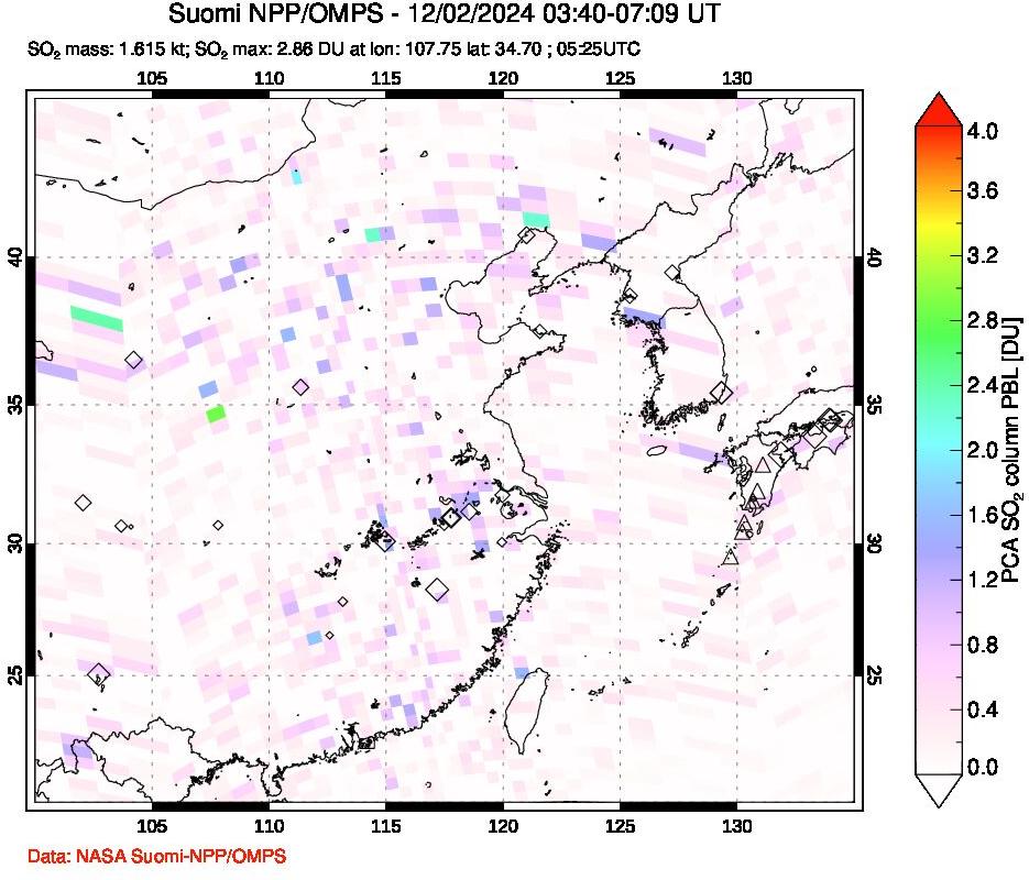 A sulfur dioxide image over Eastern China on Dec 02, 2024.