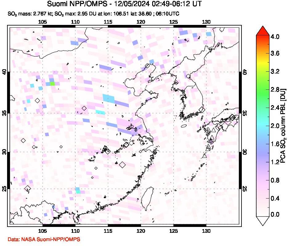 A sulfur dioxide image over Eastern China on Dec 05, 2024.