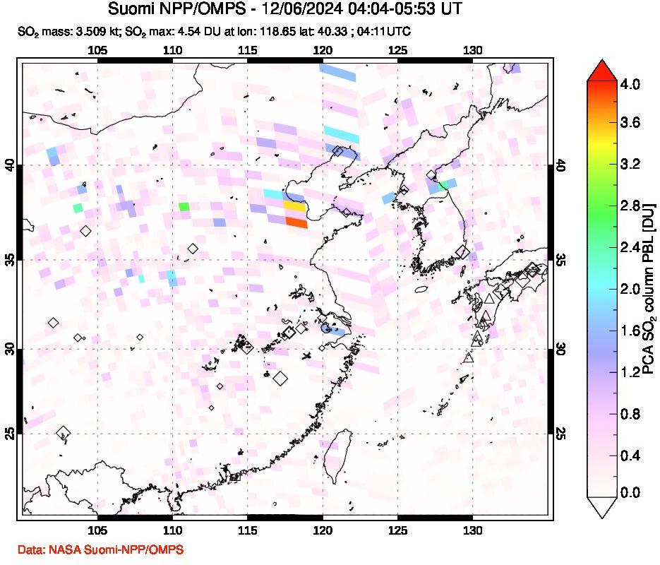 A sulfur dioxide image over Eastern China on Dec 06, 2024.