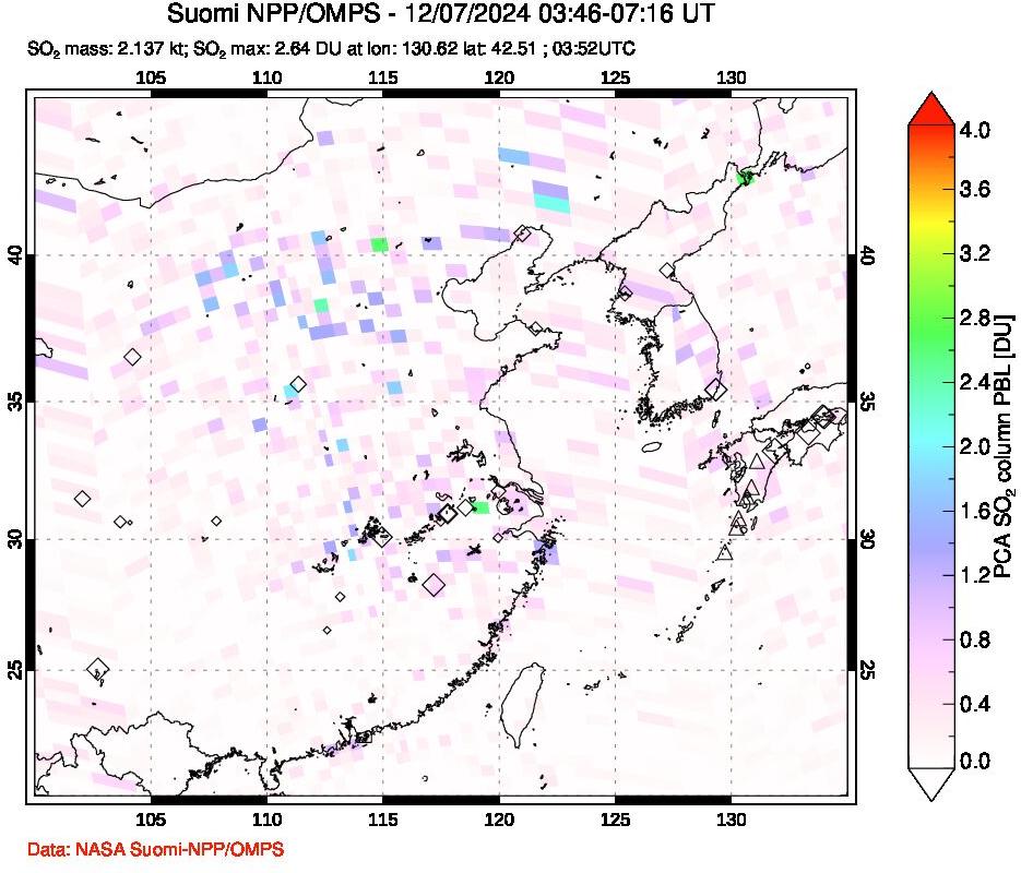 A sulfur dioxide image over Eastern China on Dec 07, 2024.