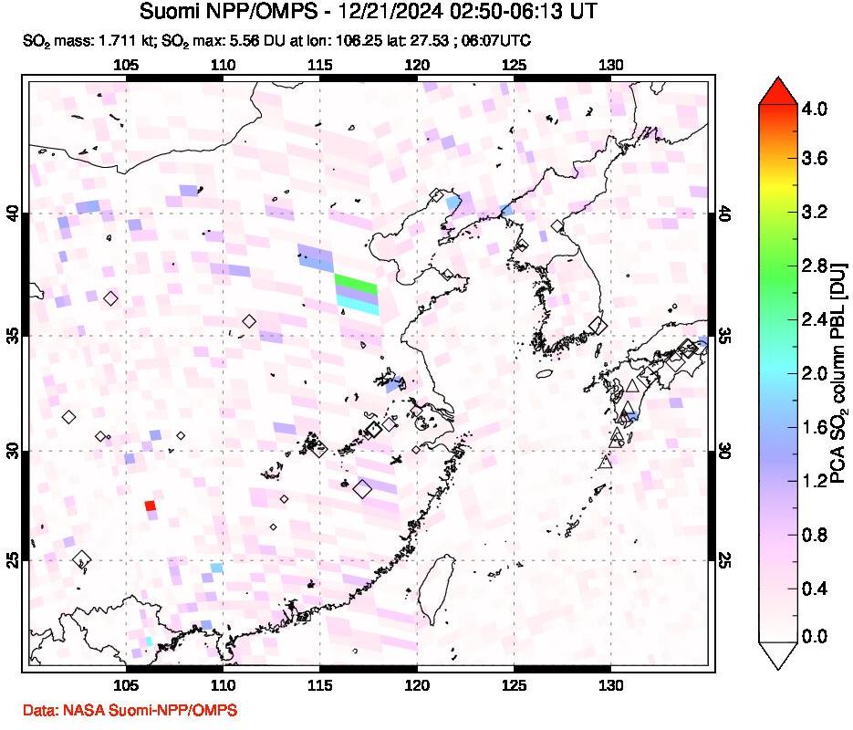 A sulfur dioxide image over Eastern China on Dec 21, 2024.