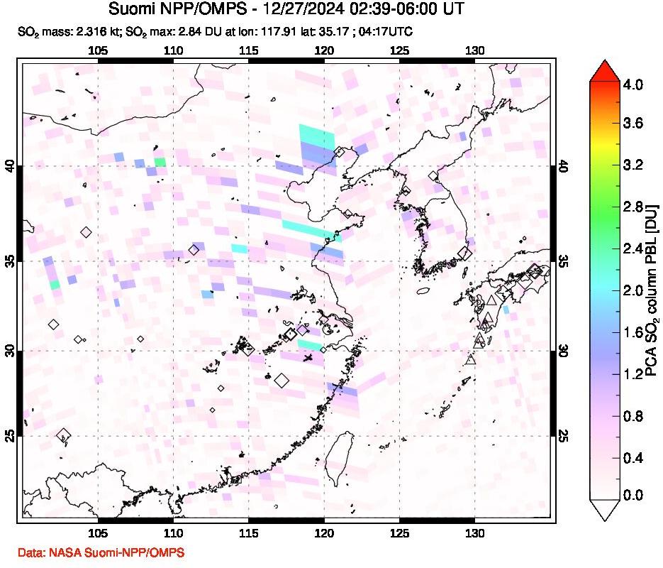 A sulfur dioxide image over Eastern China on Dec 27, 2024.