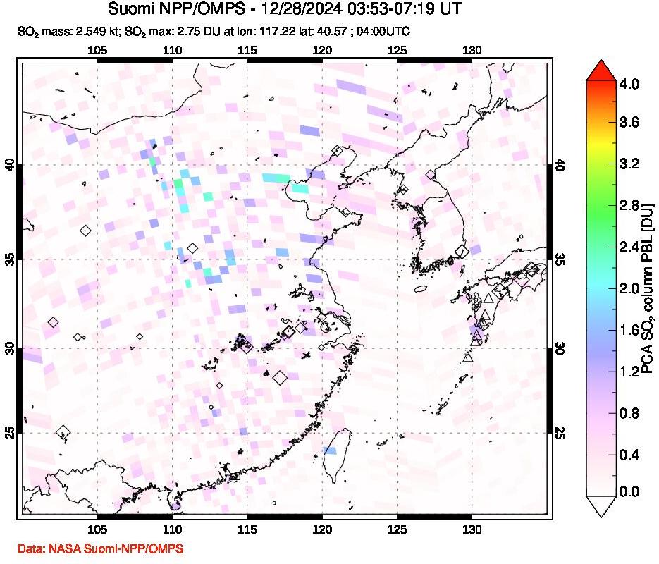 A sulfur dioxide image over Eastern China on Dec 28, 2024.