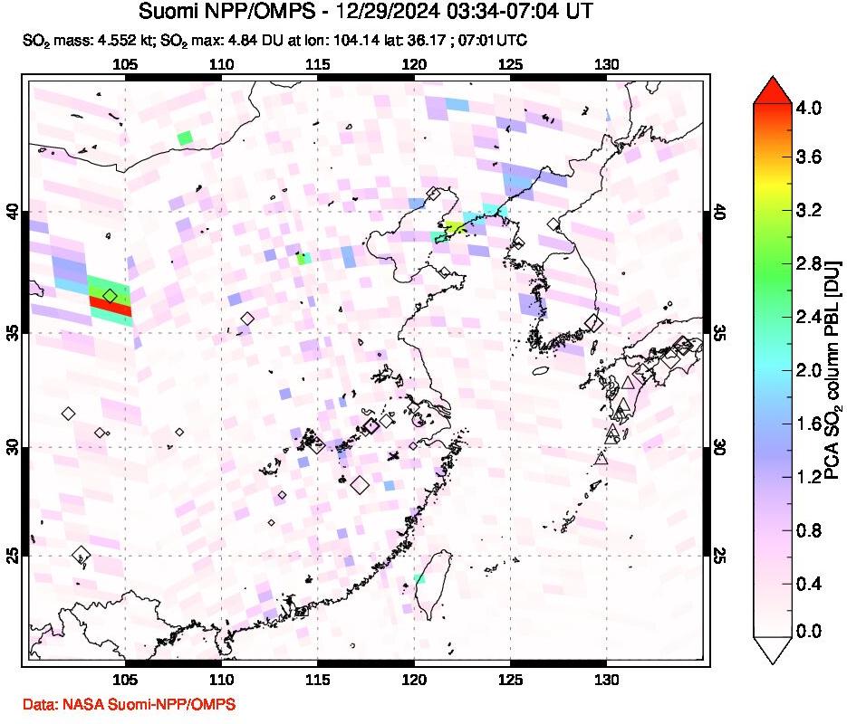 A sulfur dioxide image over Eastern China on Dec 29, 2024.