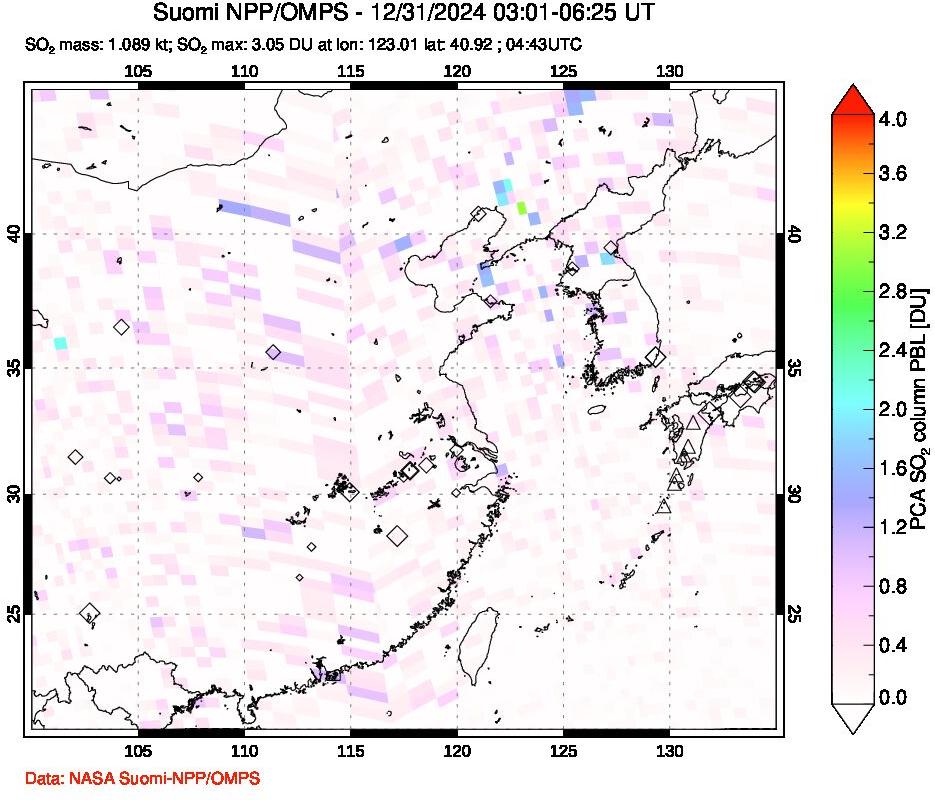 A sulfur dioxide image over Eastern China on Dec 31, 2024.