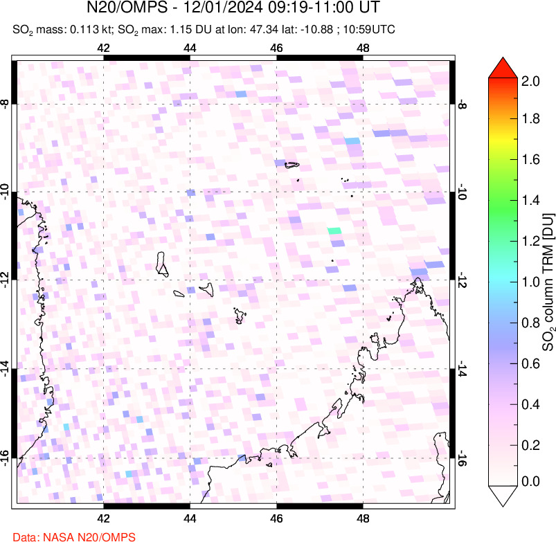 A sulfur dioxide image over Comoro Islands on Dec 01, 2024.