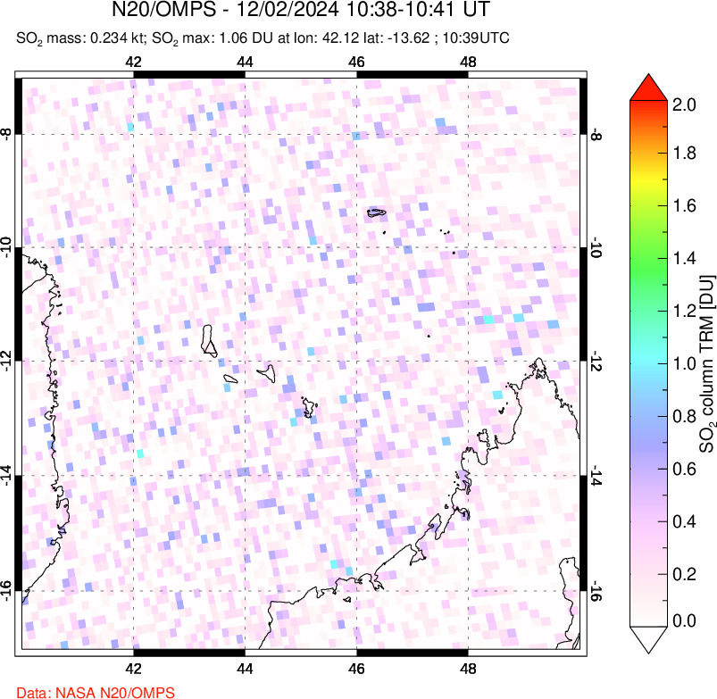 A sulfur dioxide image over Comoro Islands on Dec 02, 2024.