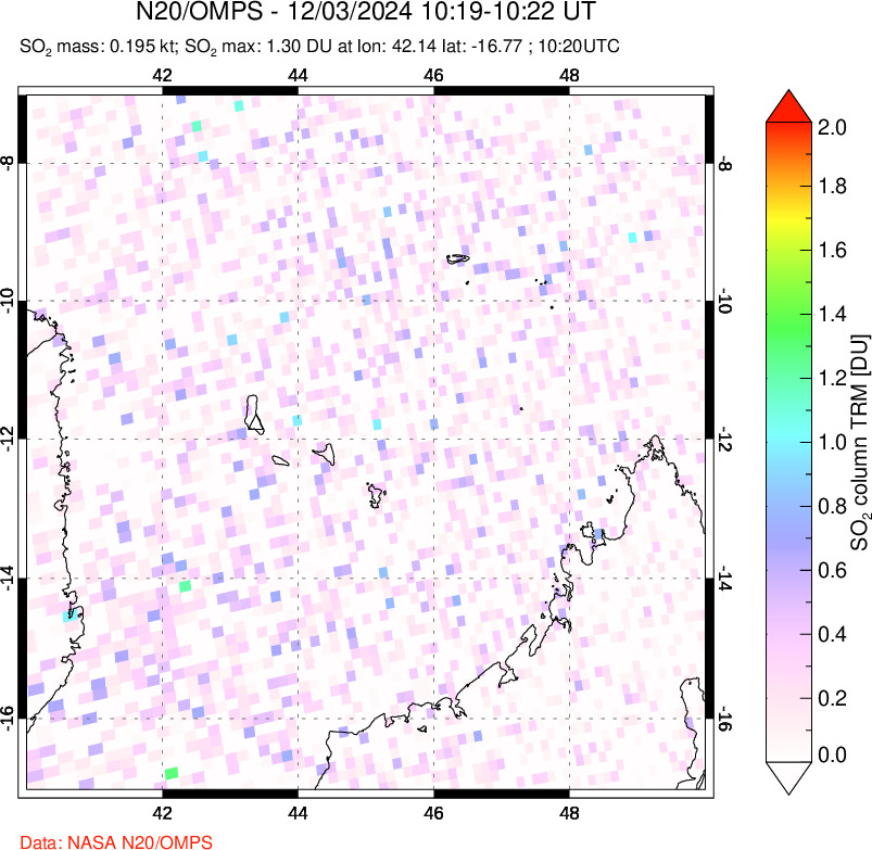 A sulfur dioxide image over Comoro Islands on Dec 03, 2024.