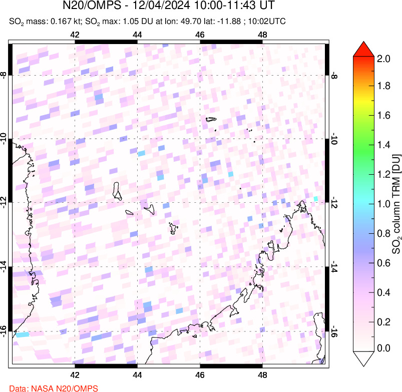 A sulfur dioxide image over Comoro Islands on Dec 04, 2024.