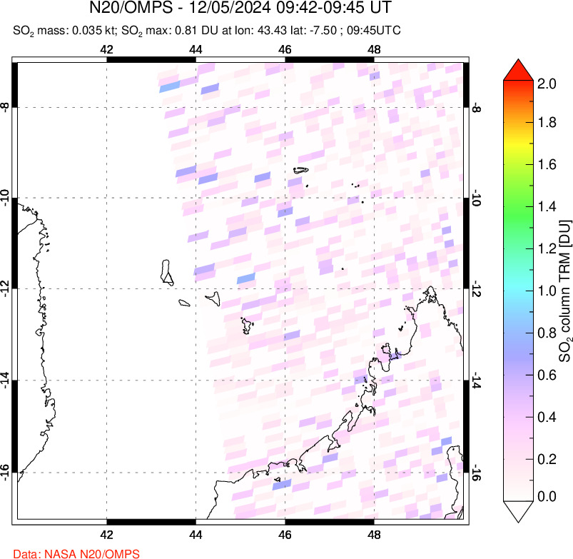 A sulfur dioxide image over Comoro Islands on Dec 05, 2024.