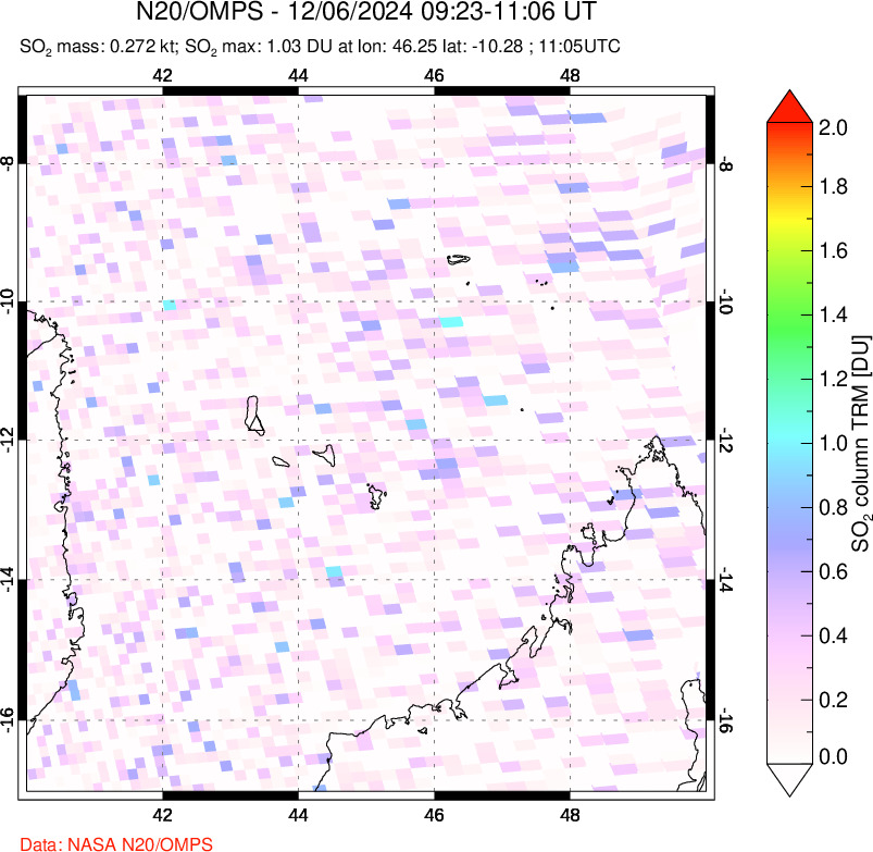 A sulfur dioxide image over Comoro Islands on Dec 06, 2024.