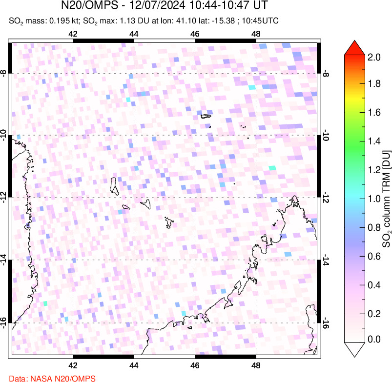 A sulfur dioxide image over Comoro Islands on Dec 07, 2024.