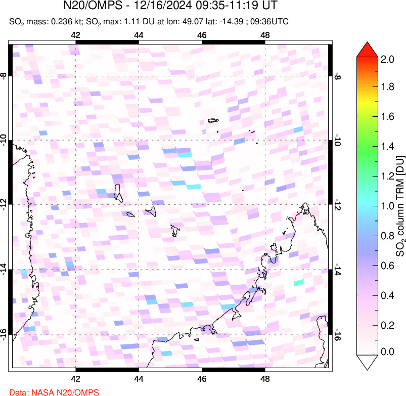 A sulfur dioxide image over Comoro Islands on Dec 16, 2024.