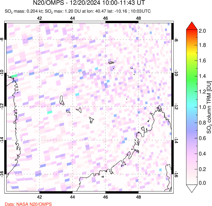 A sulfur dioxide image over Comoro Islands on Dec 20, 2024.