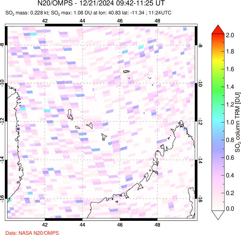 A sulfur dioxide image over Comoro Islands on Dec 21, 2024.