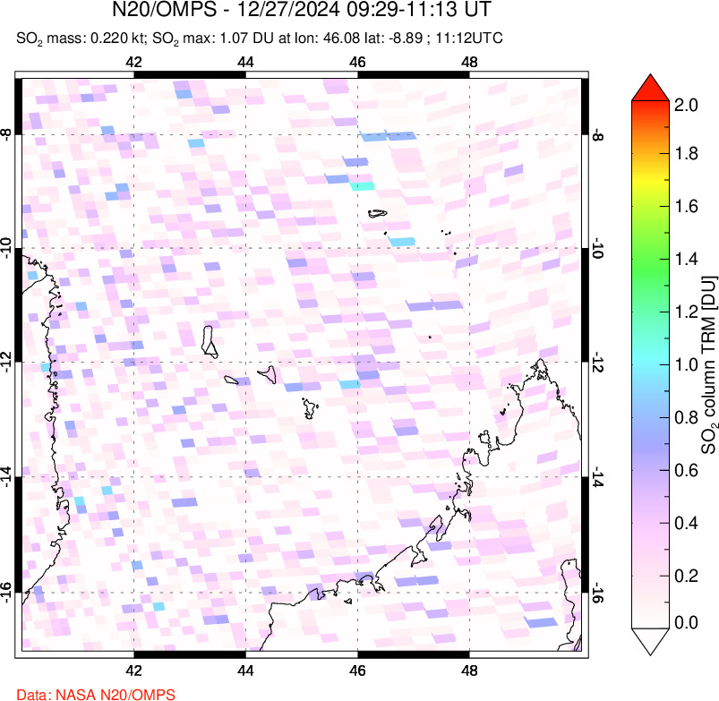 A sulfur dioxide image over Comoro Islands on Dec 27, 2024.