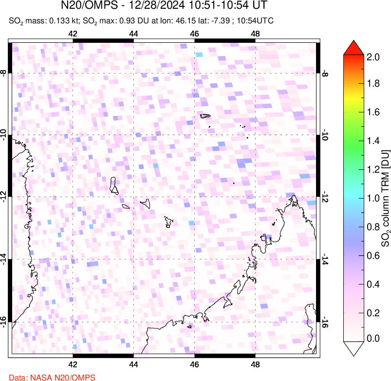 A sulfur dioxide image over Comoro Islands on Dec 28, 2024.