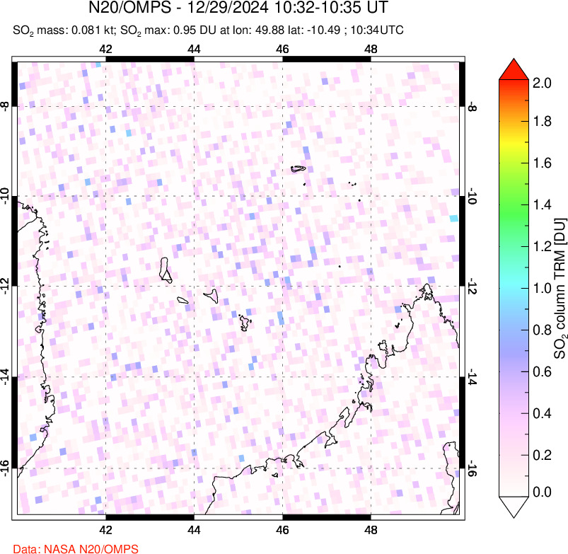 A sulfur dioxide image over Comoro Islands on Dec 29, 2024.