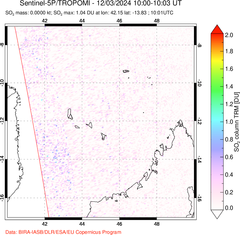 A sulfur dioxide image over Comoro Islands on Dec 03, 2024.