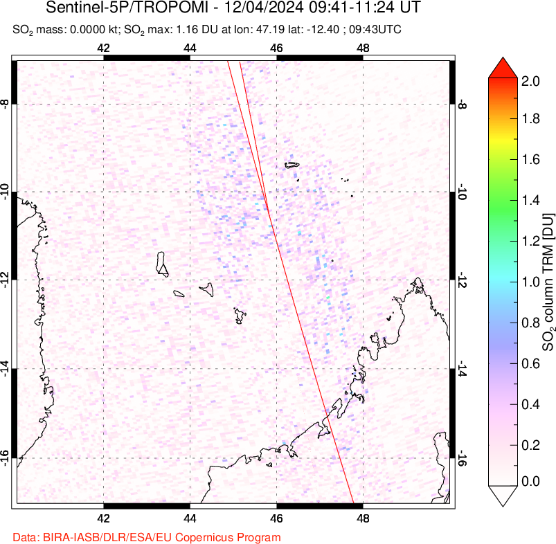 A sulfur dioxide image over Comoro Islands on Dec 04, 2024.